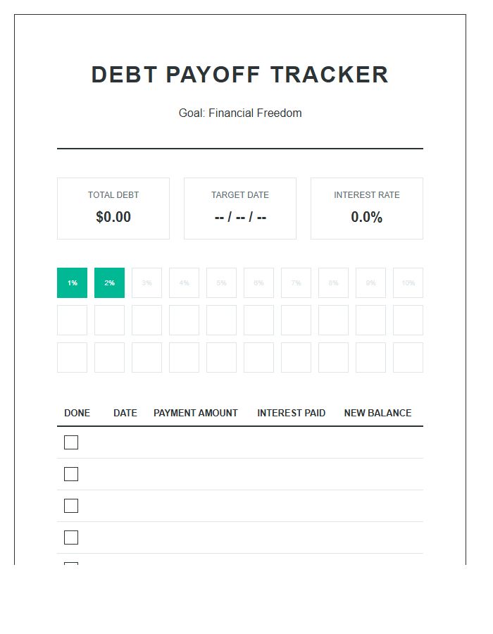 Debt Payoff Progress Printable Chart