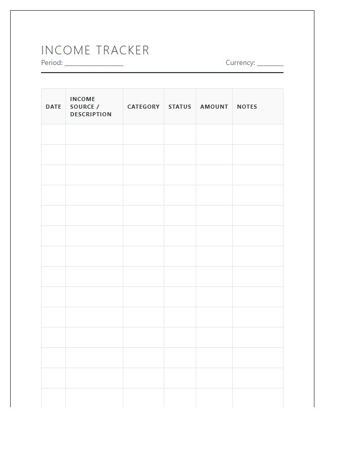 Detailed Income Tracker Printable Chart