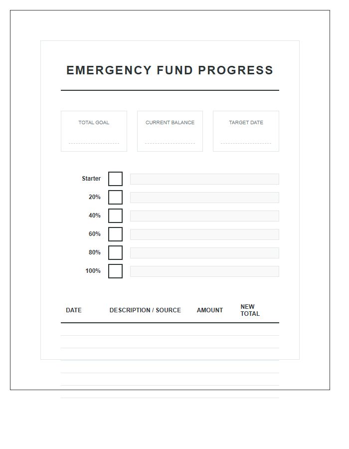 Emergency Fund Progress Printable Chart