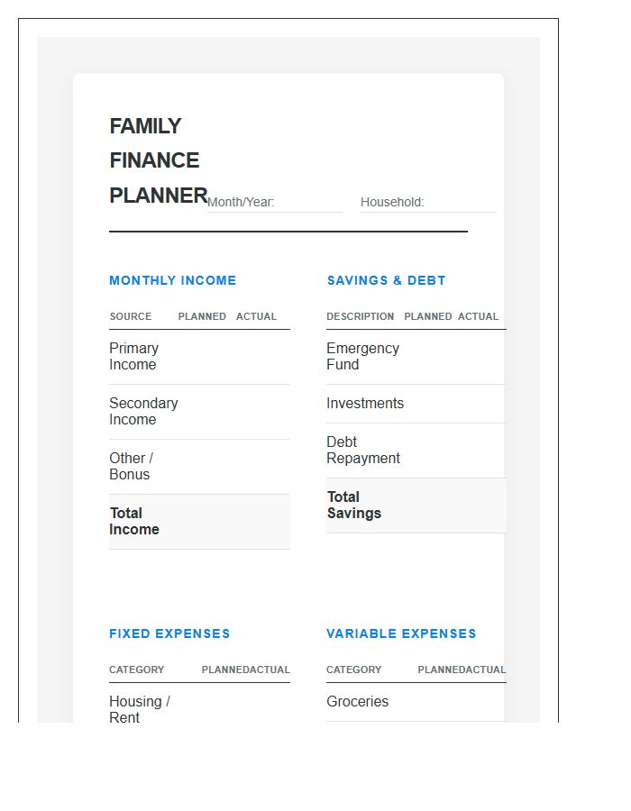 Family Finance Planner Printable Chart