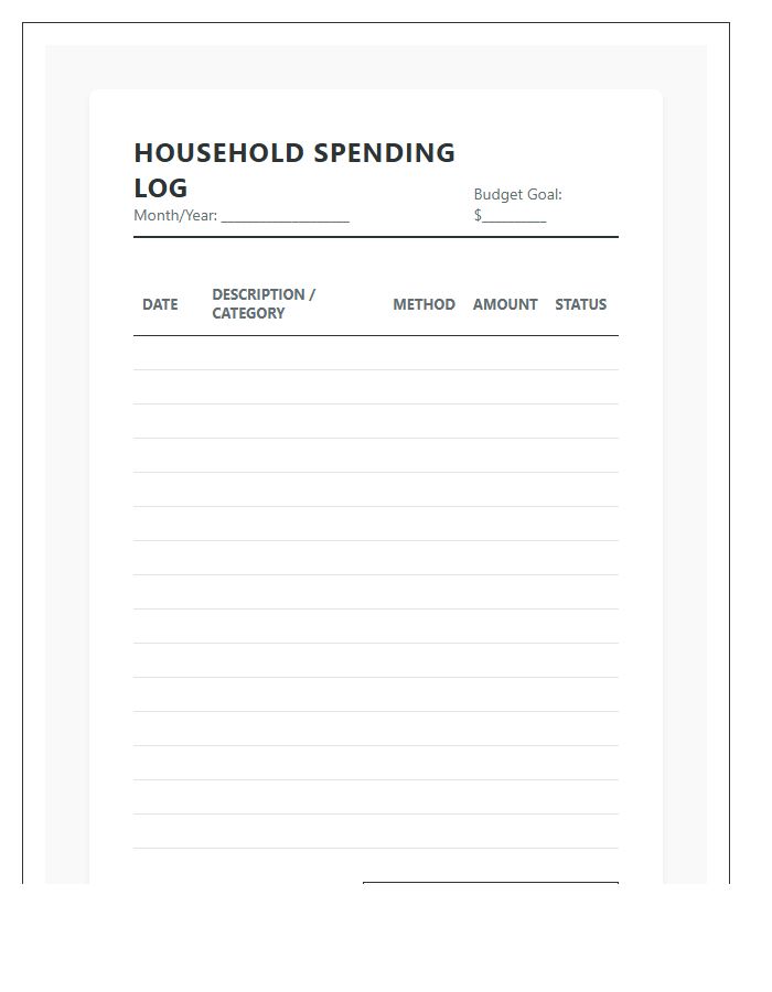 Household Spending Log Printable Chart