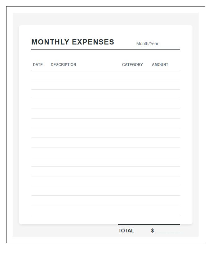 Monthly Expense Tracker Printable Chart