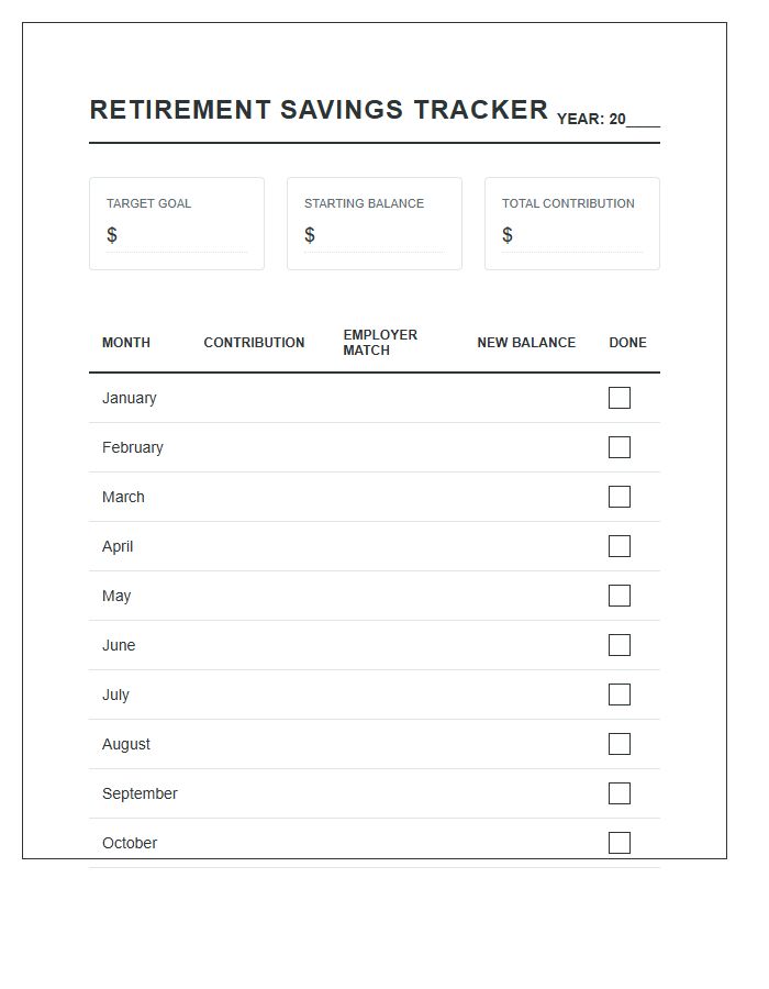Retirement Savings Tracker Printable Chart