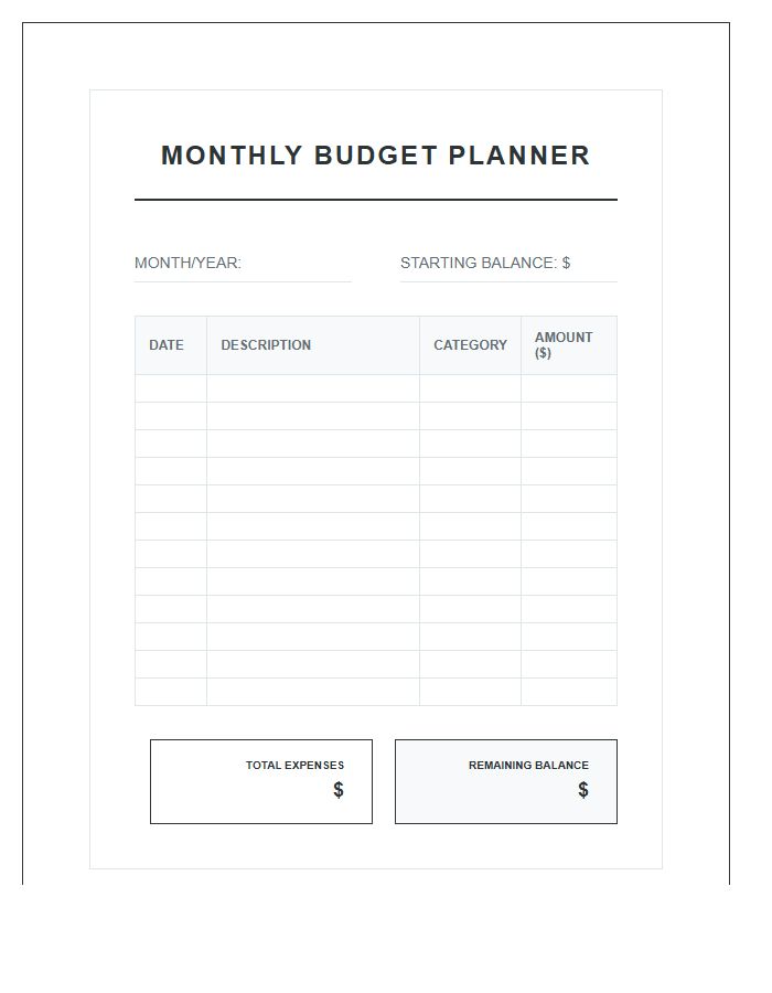 Simple Money Management Printable Chart