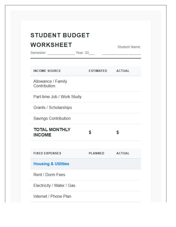 Student Budget Worksheet Printable Chart
