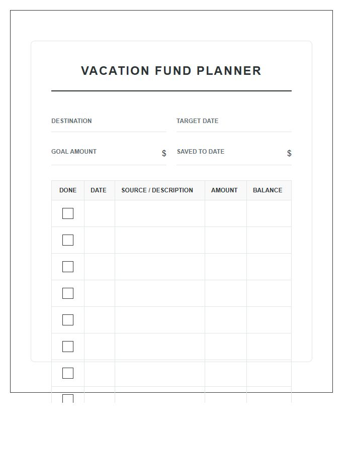 Vacation Fund Planner Printable Chart