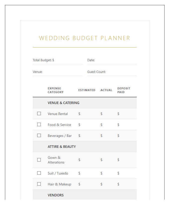 Wedding Budget Planner Printable Chart