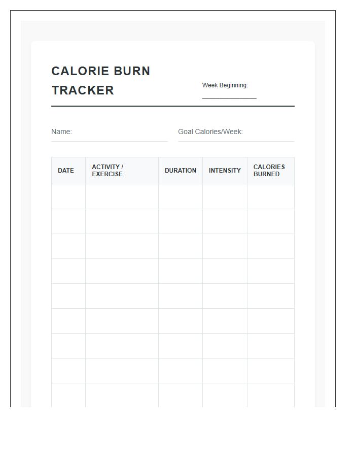 Calorie Burn Tracker Printable Chart