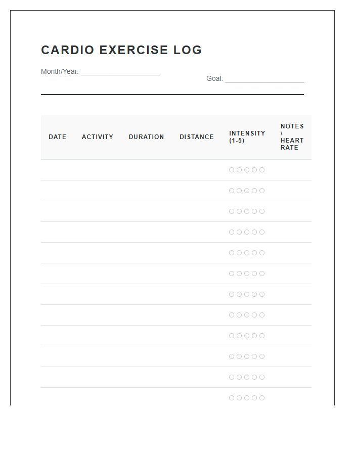 Cardio Exercise Log Printable Chart