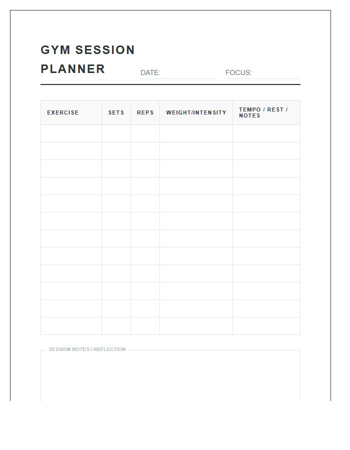 Gym Session Planner Printable Chart