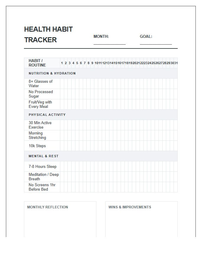 Health Habit Tracker Printable Chart