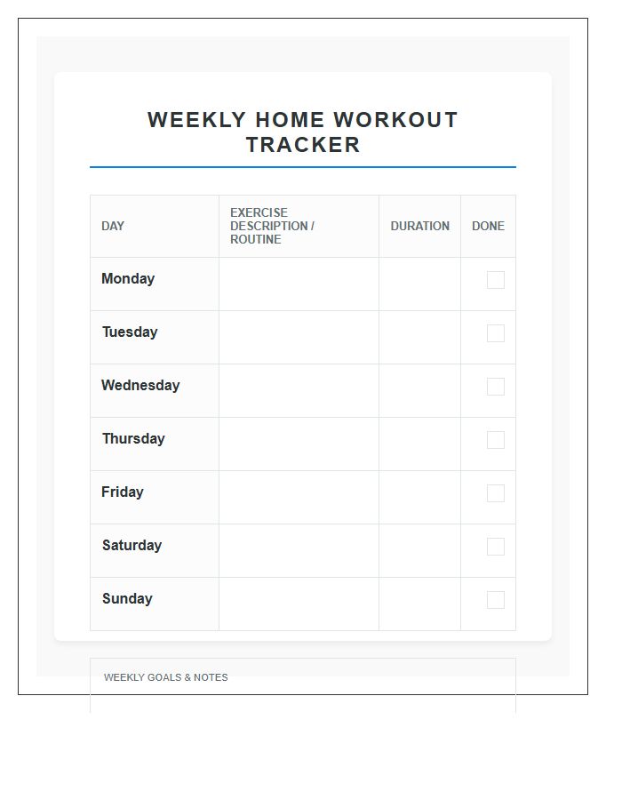 Home Workout Schedule Printable Chart