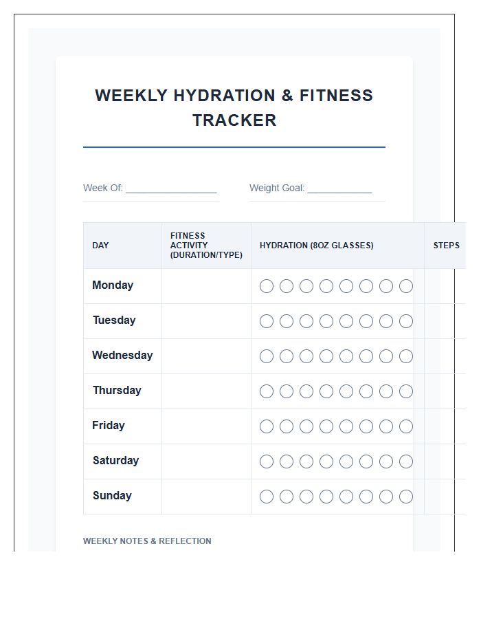 Hydration And Fitness Printable Chart
