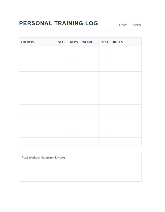 Personal Training Log Printable Chart