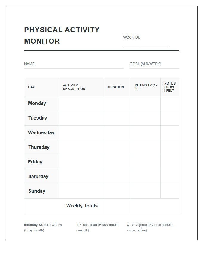 Physical Activity Monitor Printable Chart