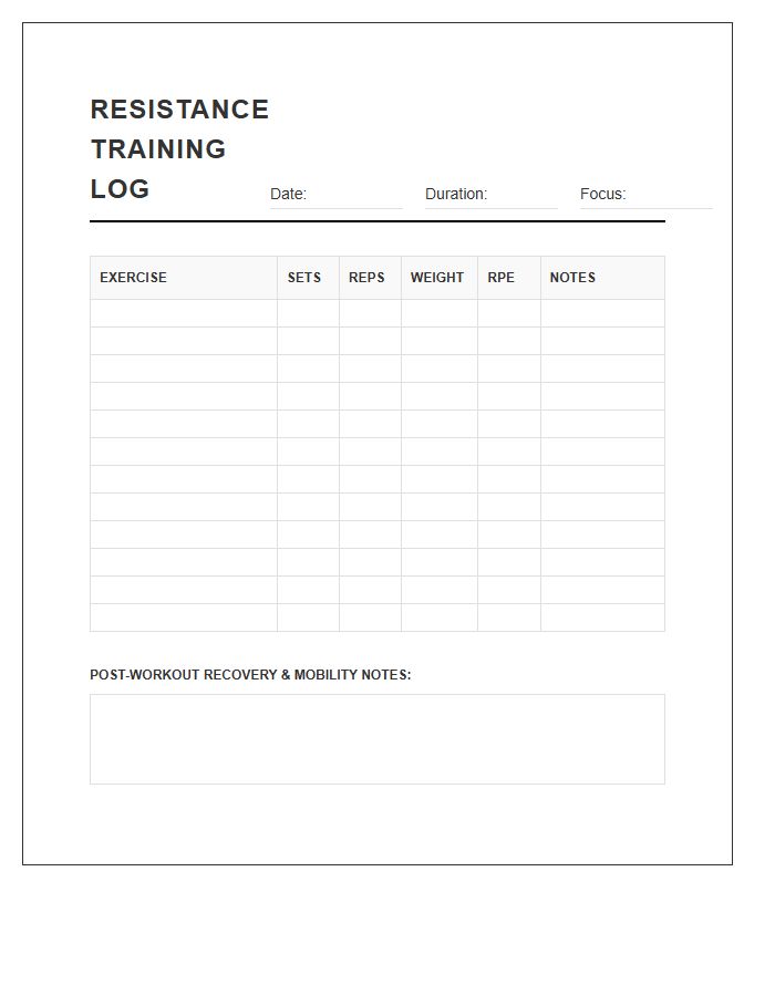 Resistance Training Log Printable Chart
