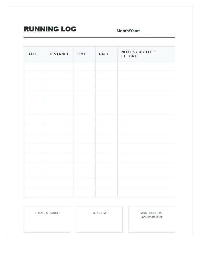 Running Distance Log Printable Chart