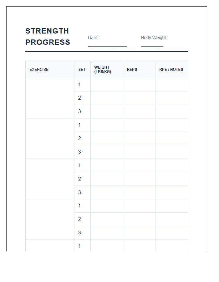 Strength Training Progress Printable Chart