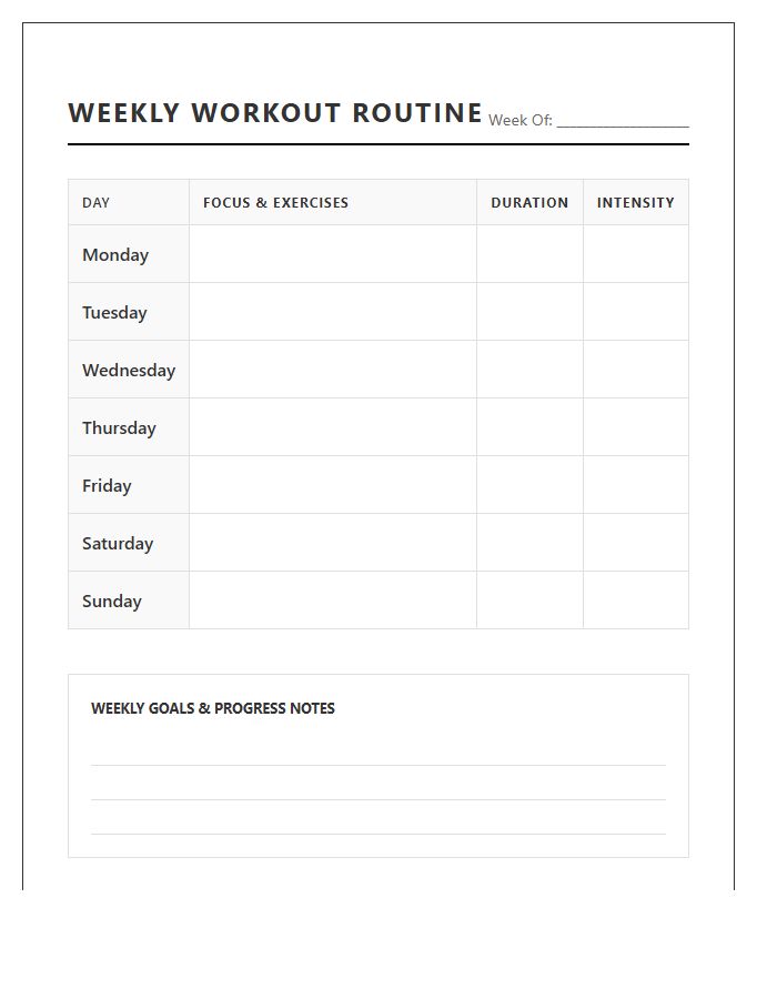 Weekly Workout Routine Printable Chart