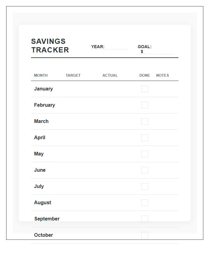 Annual Savings Goal Tracker Printable Chart