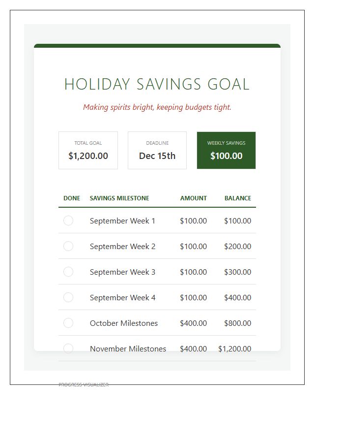 Holiday Budget Savings Goal Printable Chart