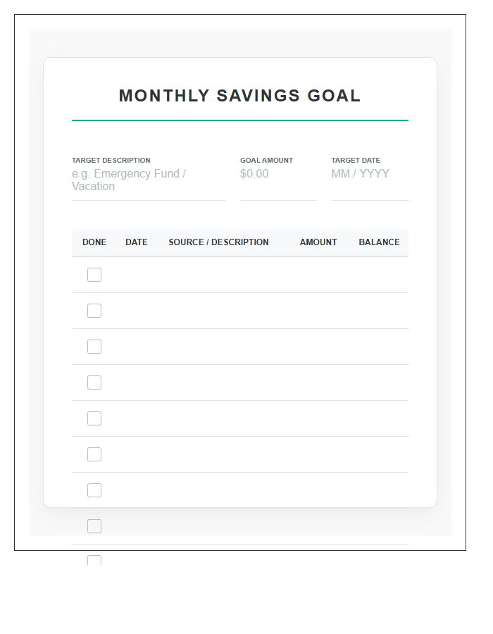Monthly Savings Goal Tracker Printable Chart