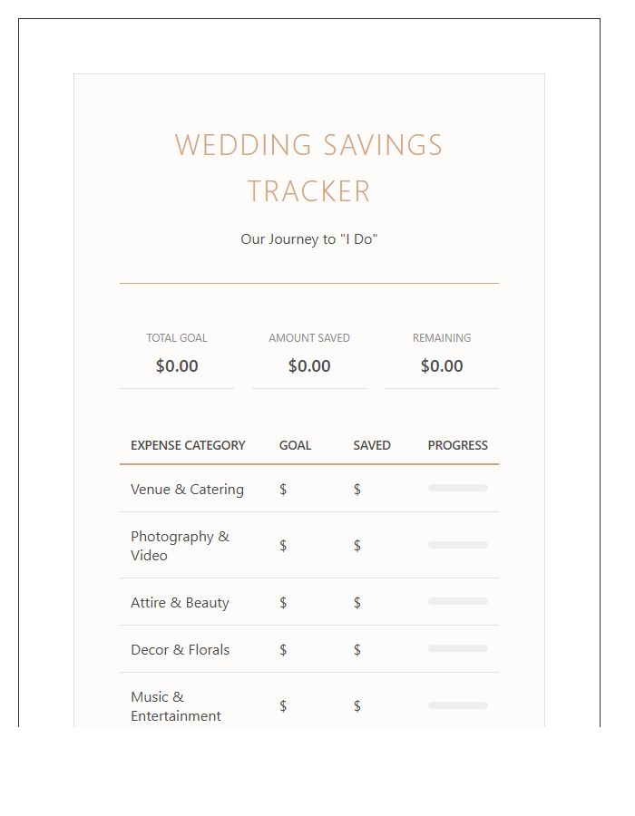 Wedding Expenses Savings Goal Printable Chart