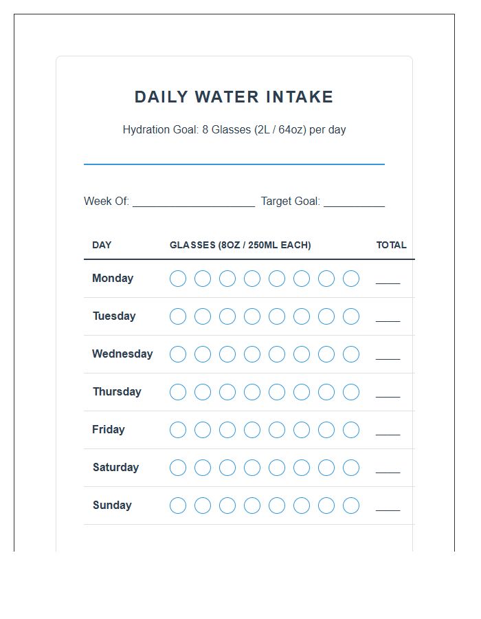 Daily Water Intake Tracker Printable Chart