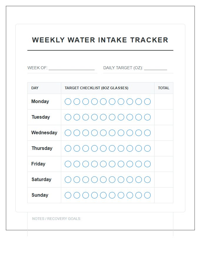 Fitness Goals Water Intake Printable Chart