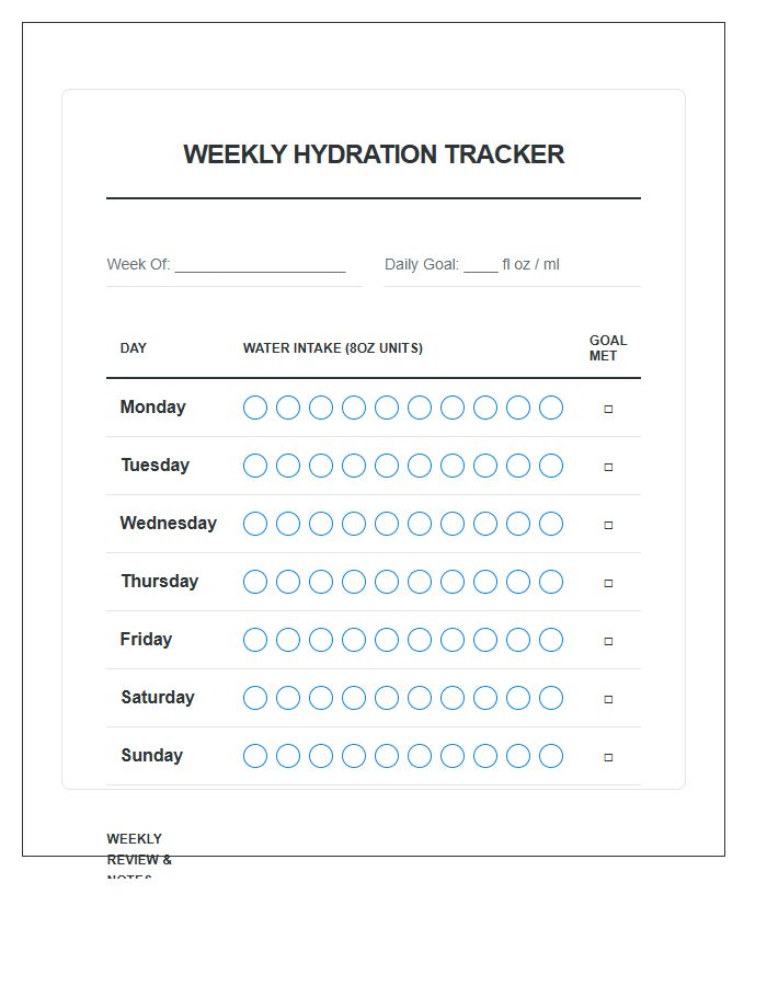 Goal Oriented Water Intake Printable Chart