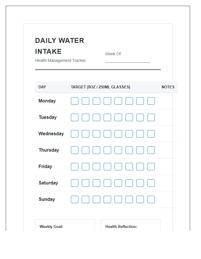 Health Management Water Intake Printable Chart