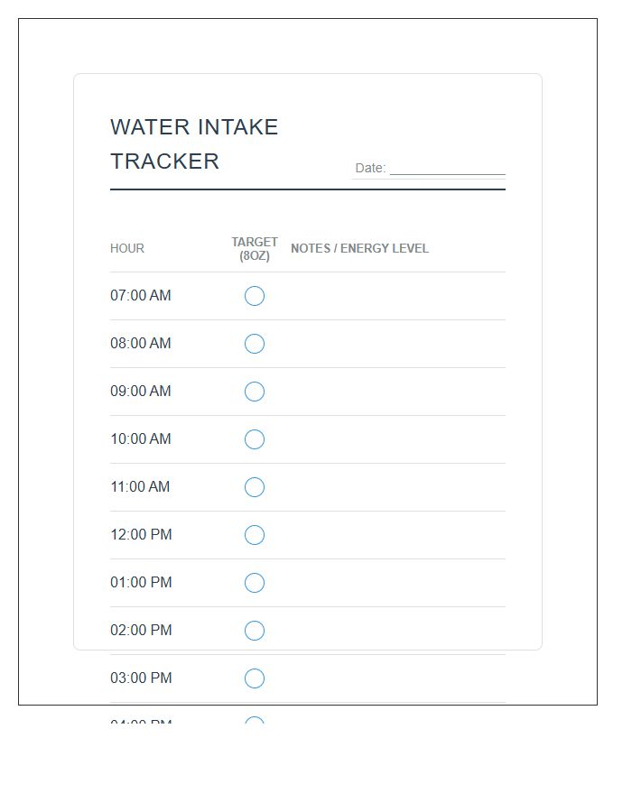 Hourly Water Intake Tracker Printable Chart