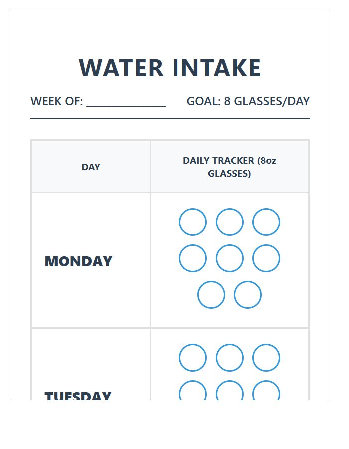 Large Font Water Intake Printable Chart