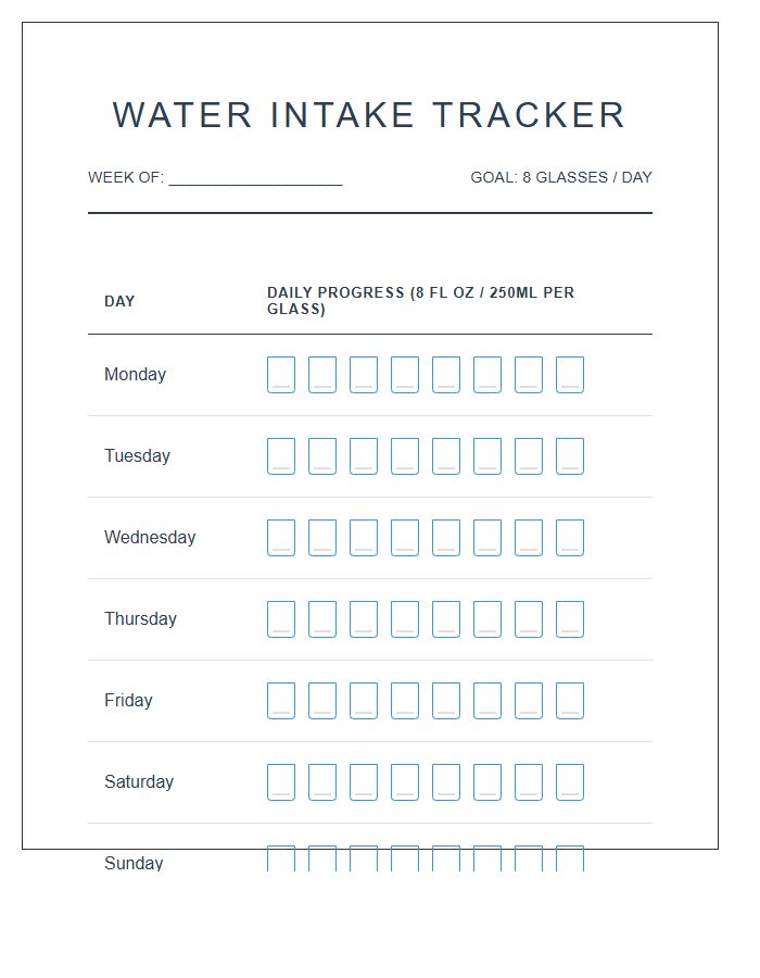 Minimalist Water Intake Tracker Printable Chart