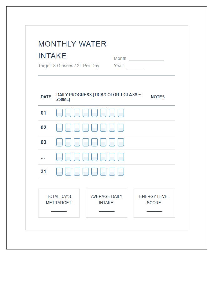 Monthly Water Intake Tracker Printable Chart