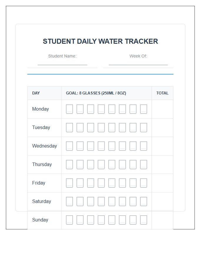 Student Daily Water Tracker Printable Chart