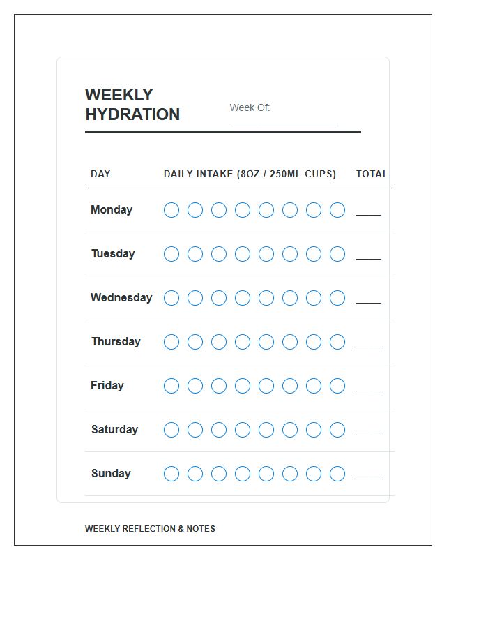 Weekly Hydration Progress Printable Chart