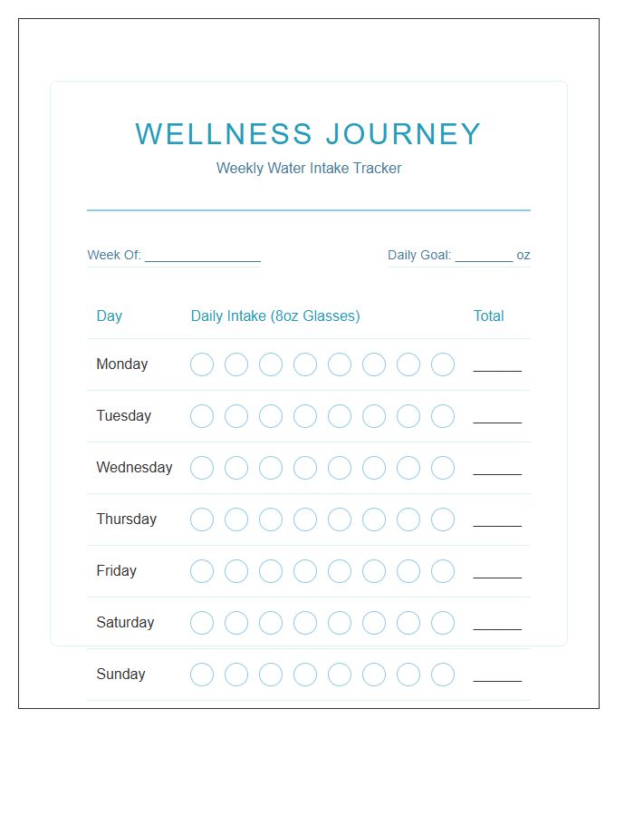 Wellness Journey Water Tracker Printable Chart