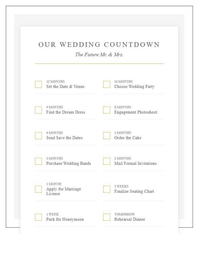 Classic Printable Wedding Countdown Milestone Chart