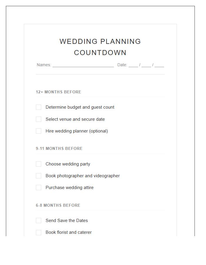 Minimalist Printable Wedding Planning Countdown Chart