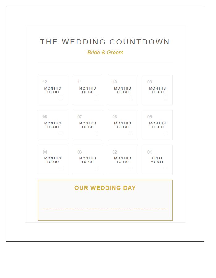 Monthly Printable Wedding Countdown Calendar Chart