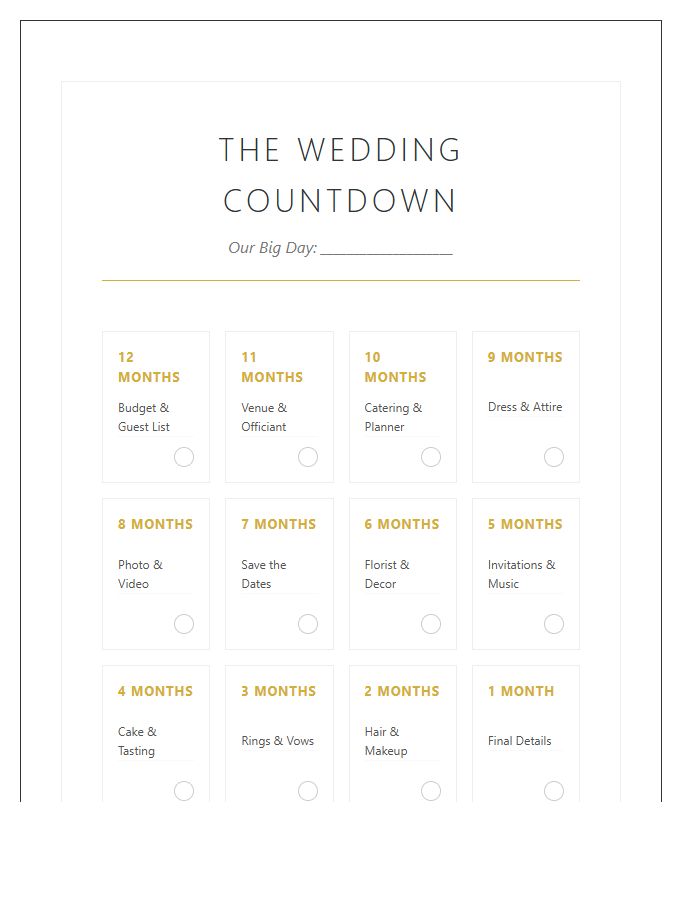 One Year Printable Wedding Countdown Calendar Chart