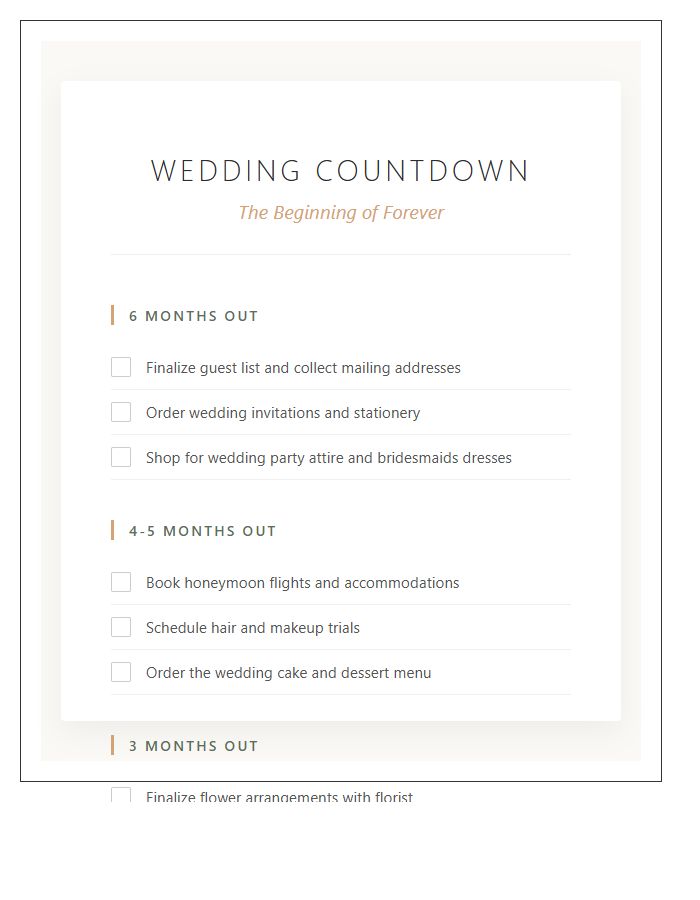 Six Month Printable Wedding Countdown Chart