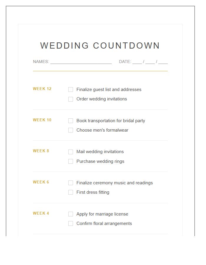 Weekly Printable Wedding Countdown Timeline Chart