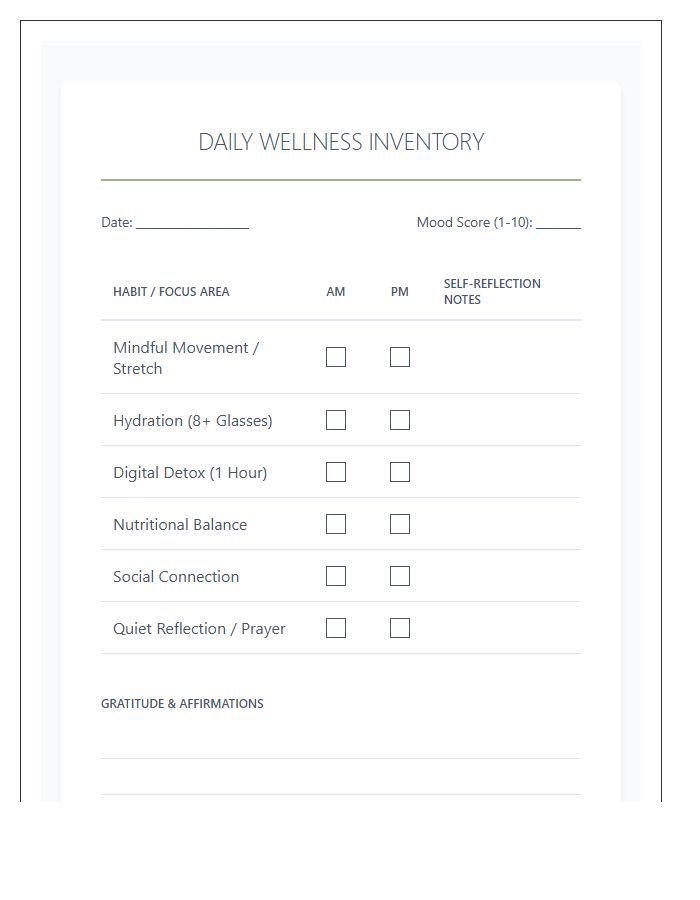 Adult Mental Wellness Printable Chart