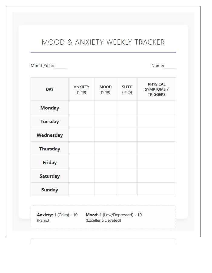 Anxiety And Depression Mood Printable Chart