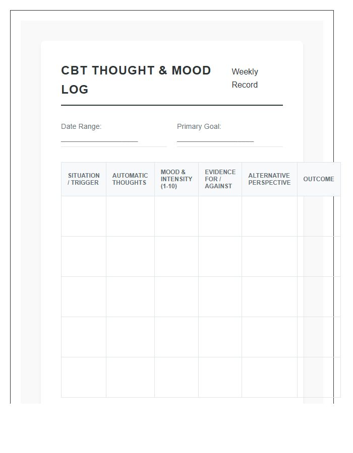 Cognitive Behavioral Therapy Mood Printable Chart