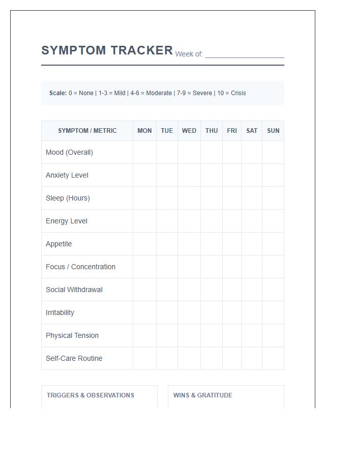 Mental Health Symptom Tracking Printable Chart
