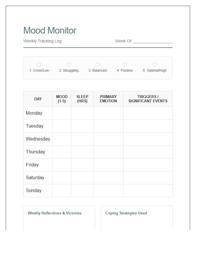 Therapeutic Mood Monitoring Printable Chart