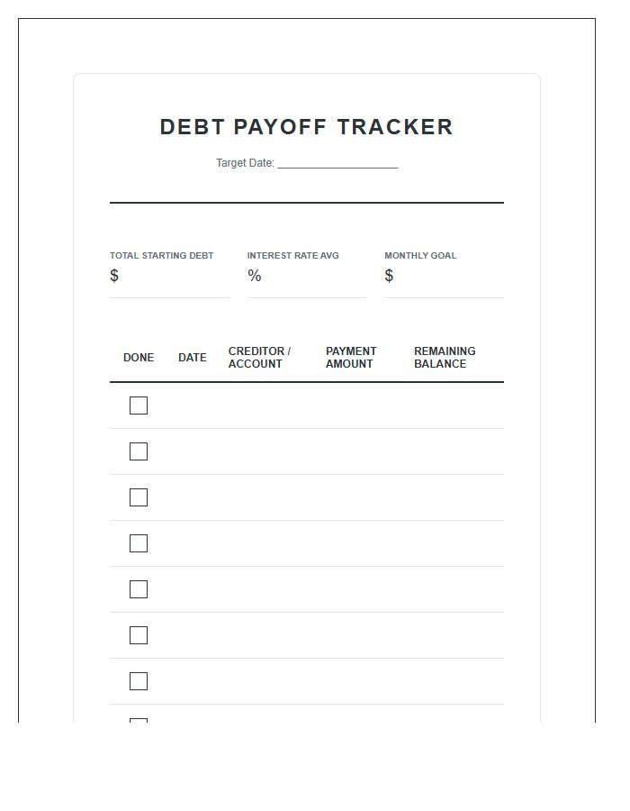 Consumer Debt Payoff Tracker Printable Chart